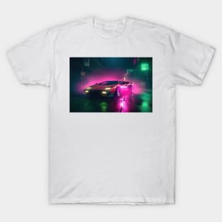 Illustration of an 80s Synthwave Neon cyberpunk supercar T-Shirt